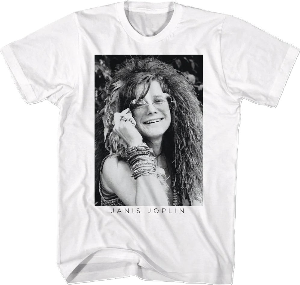 Janis Joplin - Black And White Smile Photo T-shirt